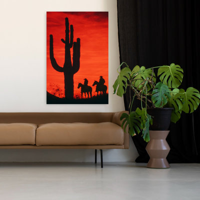 1980S Silhouette Two Anonymous Cowboys Riding On Horseback By Saguaro Cactus Abstract Retro Vintage Cactus Horse Landscape Nature Wall Art