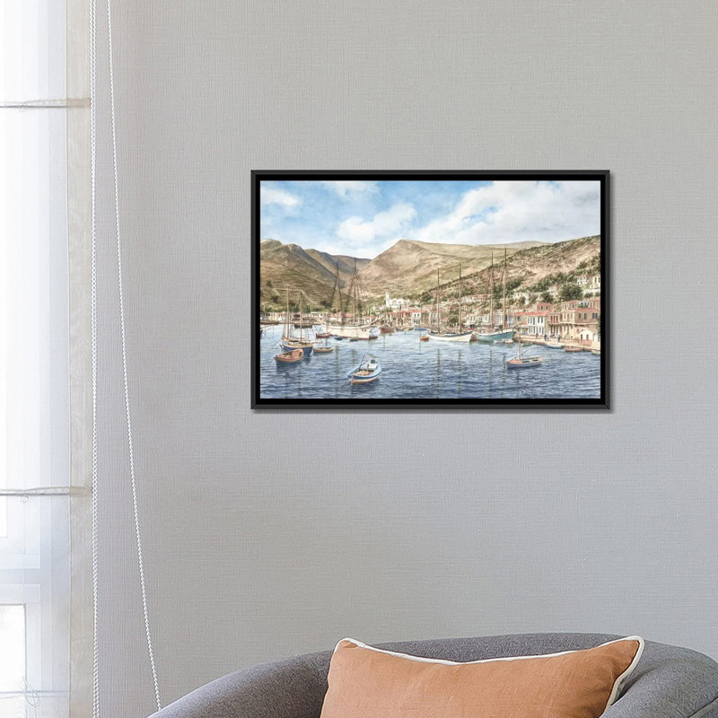 «Greek Seaport Town» par Stanton Manolakas, reproduction d'art sur toile, H 32 po x l 48 po x P 1,5 po, Toile avec cadre noir