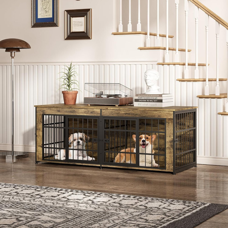 Grande cage de 63 po pour 2 chiens, chenil d'intérieur avec grand comptoir, meuble télé double pour petits et moyens chiens