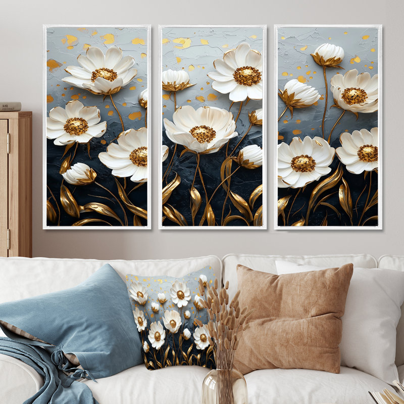 «White Gold Cornflowers Meadow Charm I», ensemble d'art mural, H 28 po x l 36 po x P 1 po, Toile encadrée flottée blanche