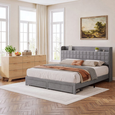 Ensemble de chambre à coucher: lit plateforme capitonné avec rangement à 2 tiroirs et tête de lit avec rangement et commode en bois cannelé