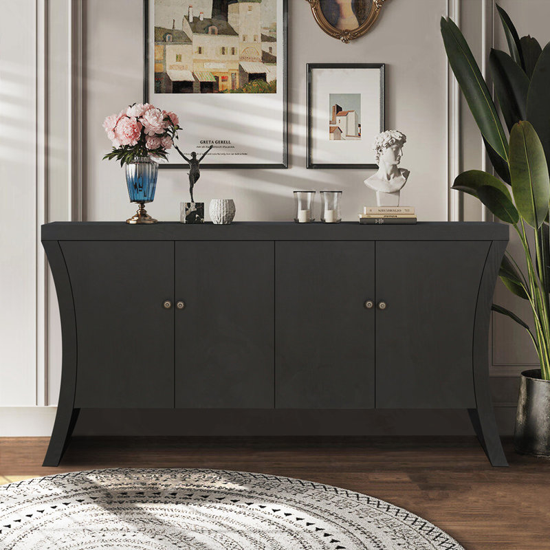 Industrial 4-Door Credenza with Wooden Arc Legs, Black