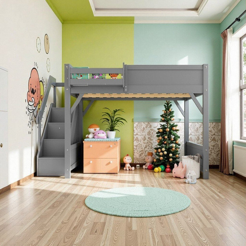 Twin\Full Size Solid Wood Loft Bed With Built-in Wardrobe Storage Shelves & Stairs, Gray, Full