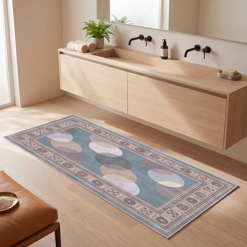 Tapis Hawthorn Modern Circles géométrique bleu sarcelle beige gris brun blanc, lavable à la machine, antidérapant, à poils courts, pour l'intérieur et l'extérieur, adapté aux animaux domestiques, idéal pour le salon, la chambre, la salle à manger, l'entrée, le couloir ou le bureau.