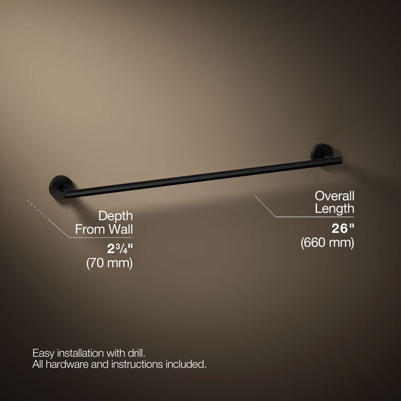 Elate Wall Mounted Round Towel Bar, Metal Wall-Mounted Towel Holder, 2" H x 24" L x 2.75" D, Matte Black