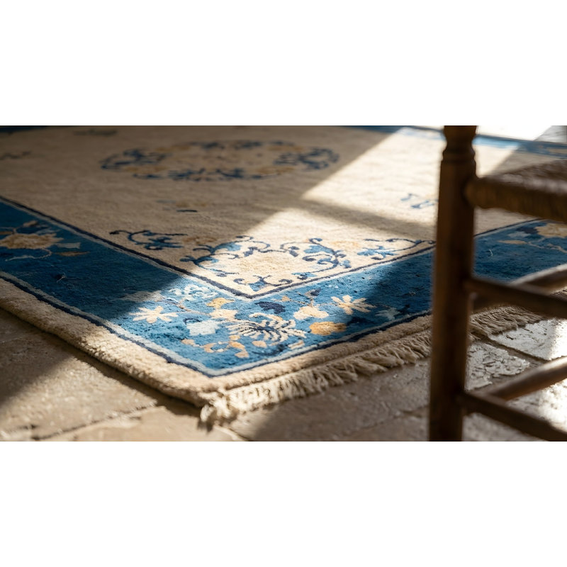 Tapis en laine noué à la main à motif floral antique ivoire beige crème et blanc