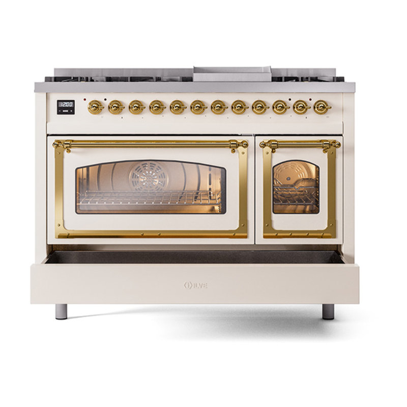 ILVE UN48FNMPEGG Nostalgie II Noblesse 48 inch Dual Fuel Range (8 Sealed Burners + Griddle, Triple Glass Door), Antique White