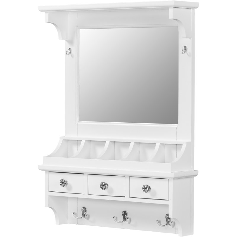 White Floating Makeup Vanity With 31.7 - Inch Hd Wall Mirror, Mounted Organizer 3 Drawers, 5 Pockets & Hooks For Small Spaces Vanity, Hooks, Mirror Compact Home Storage