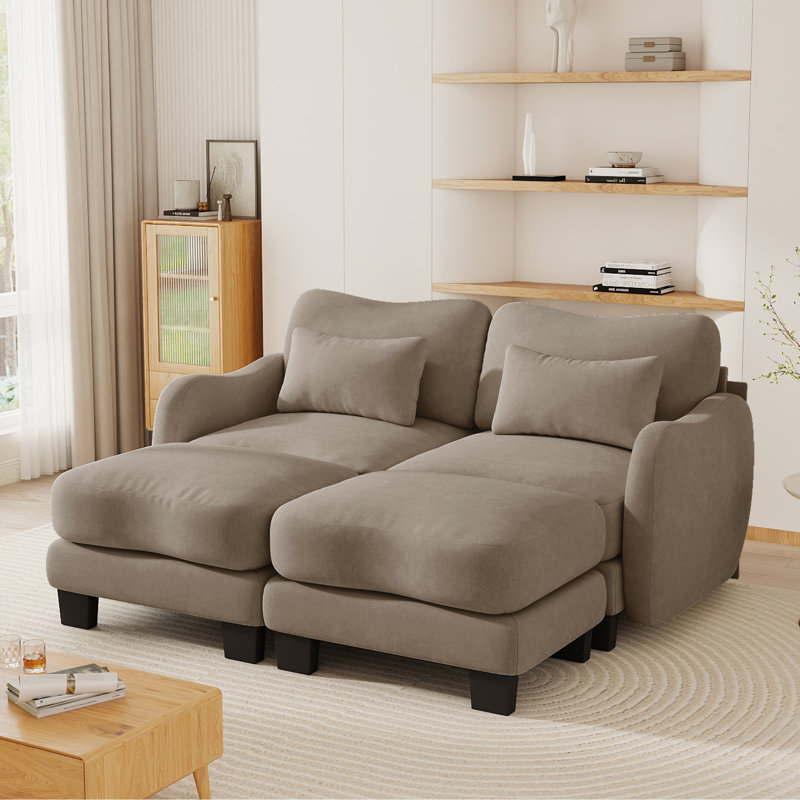 Canapé modulaire en chenille 70,8 po avec repose-pieds modulaire, 2 sièges + 2 repose-pieds, Café