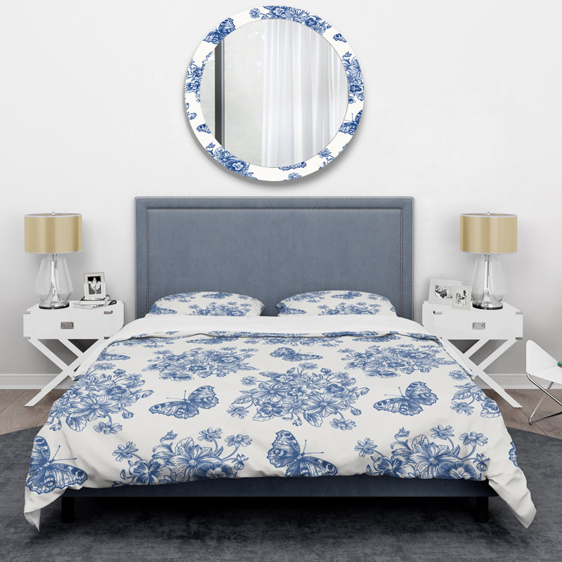Fleurs bleues et papillons bleus I - Ensemble de housse de couette floral - Polyester microfibre