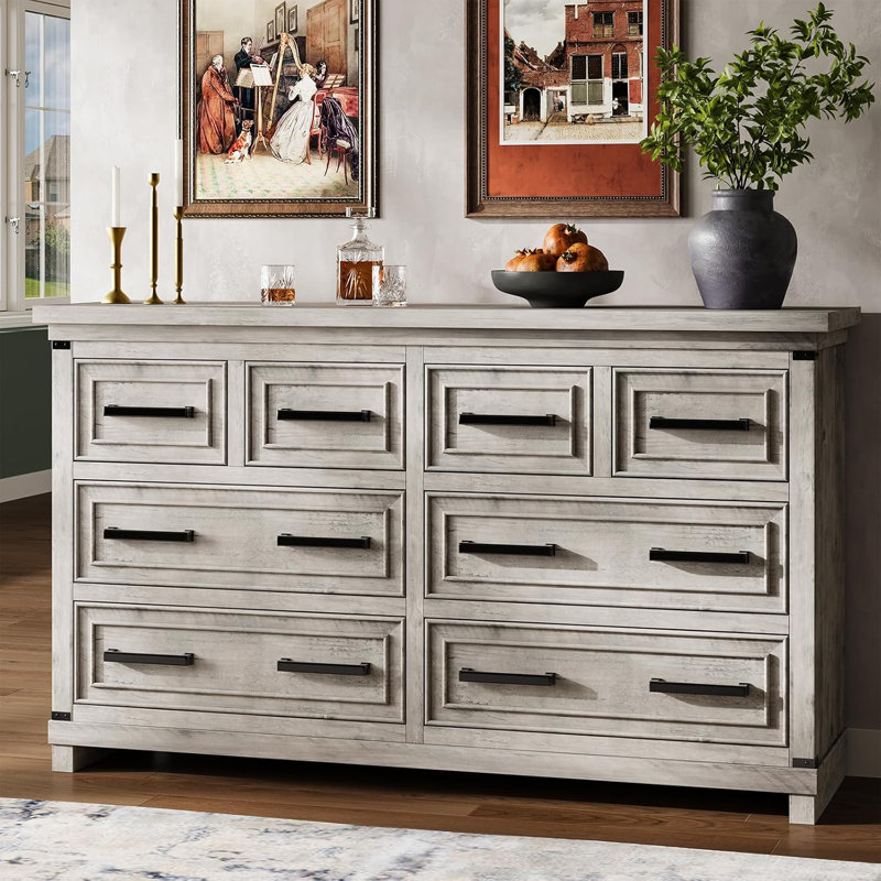 Rustic 55 Inch 8 Drawer Dresser Farmhouse Embossed Wood Grain Organizer Bedroom Living Room Gray/ Versatile chest of drawers for home storage and organization