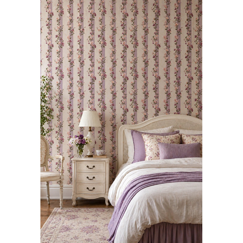 Papier peint floral avec rayures mauves, décoration murale jardin romantique, Textured Non-Pasted