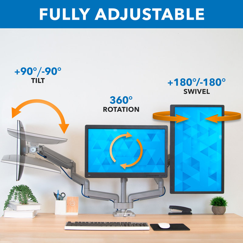 Silver Adjustable Triple Monitor Desk Mount with USB and Audio Ports