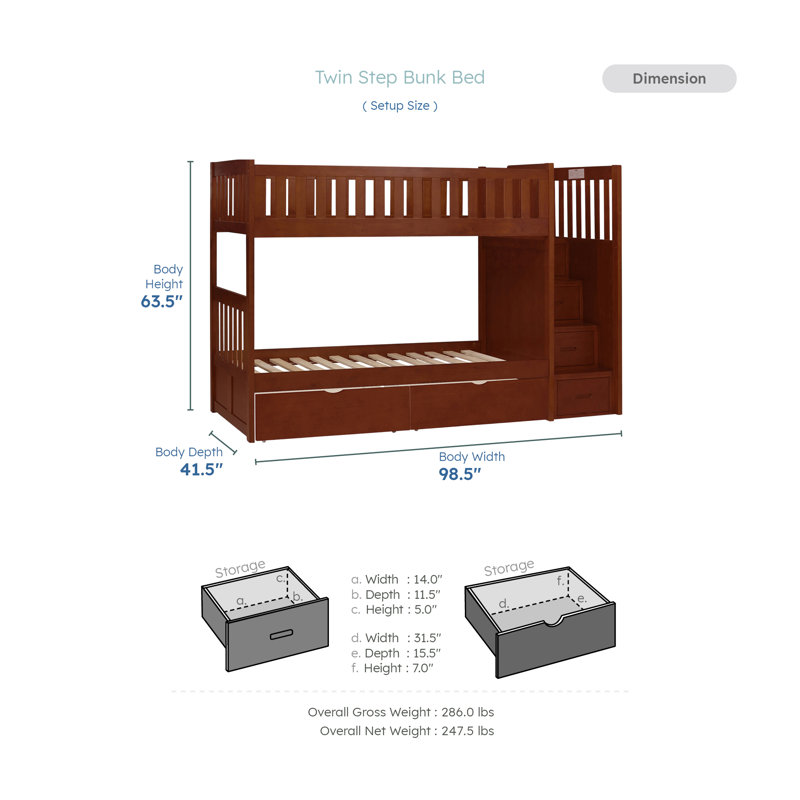 Koichi Transitional Wood Twin over Twin Bunk Bed with Reversible Step Storage, Under Bed Storage Boxes & Foundation-Free Design