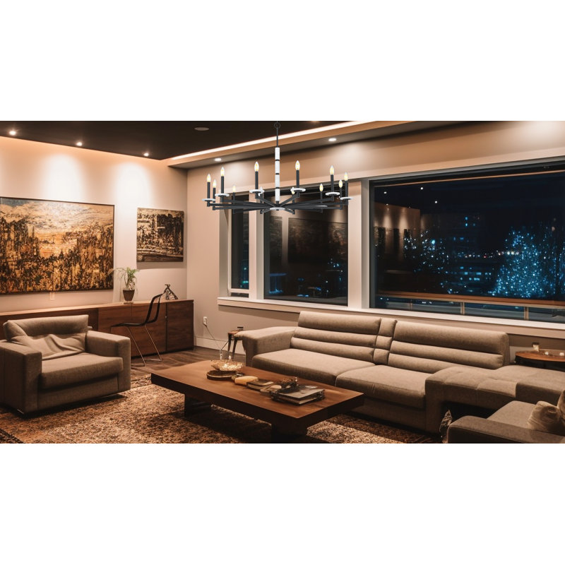 Lustre moderne Kaden, 12 lumières, Noir mat, H 29,5 po x l 48 po x P 48 po