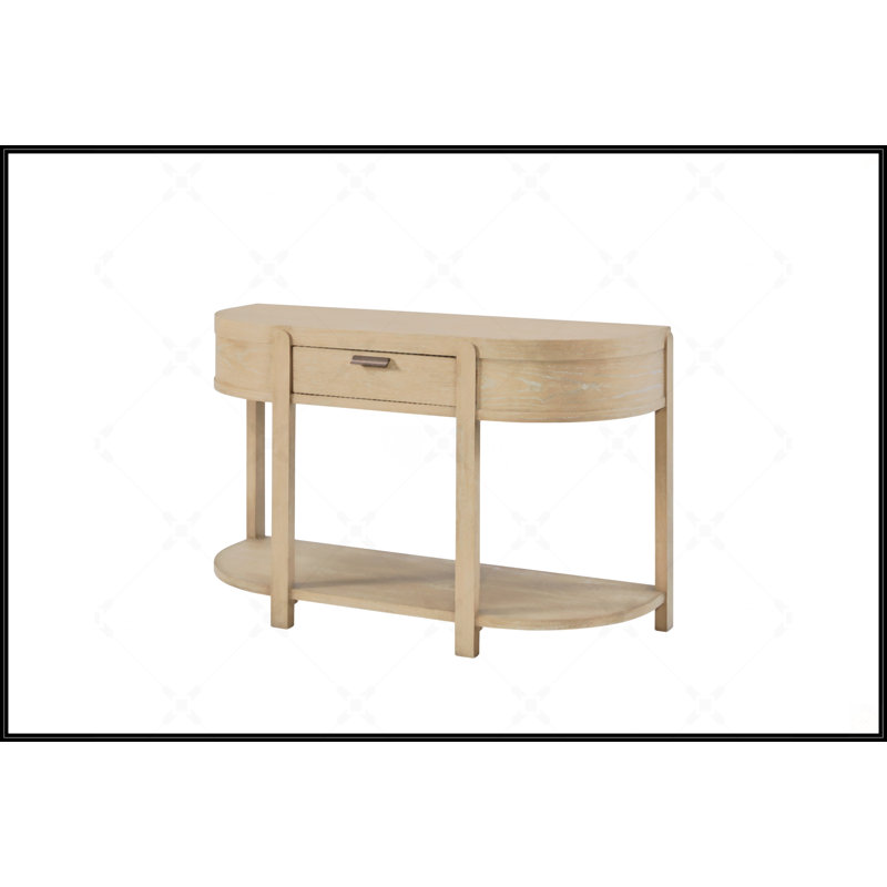 Console courbée à 1 tiroir avec tiroir à fermeture douce et tablette ouverte, finition caramel pour un décor moderne et rustique.