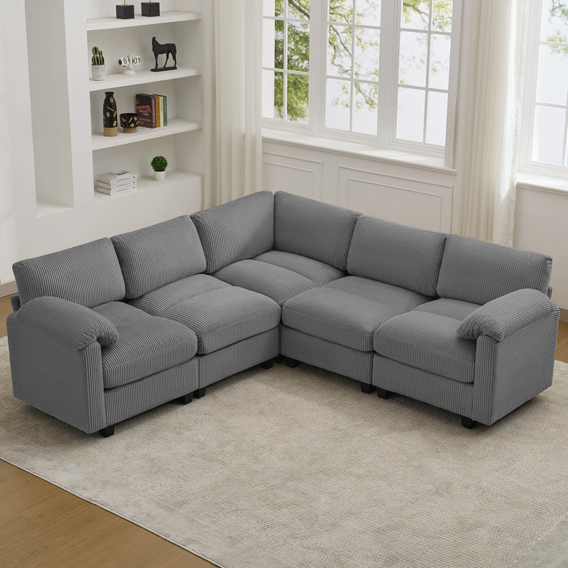 Canapé modulaire 5 places avec accoudoirs coussinés, Chenille grise