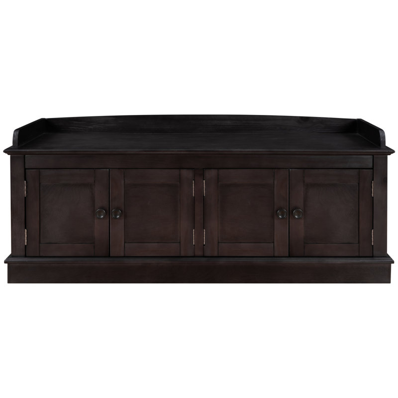  Banc de rangement avec 4 portes et tablettes réglables, offrant style et fonctionnalité pour les chaussures et les accessoires dans les espaces de vie