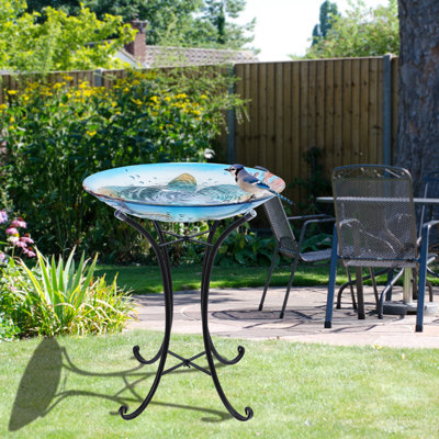 Backyard  Bird Feeding/birdbath With Metal Stand,glass Flowery Patterns Wild Bird Feeder Stand 