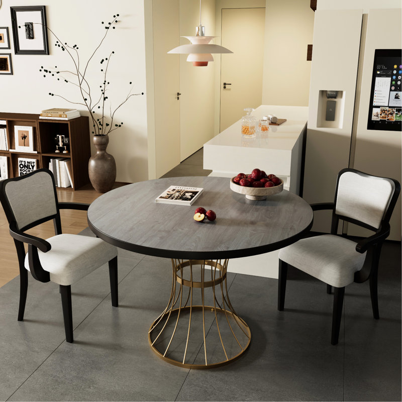 Table de salle à manger ronde en chêne foncé de 42 pouces avec table en placage d'aspect bois massif, 2 chaises rembourrées en noyer confortables, base en fer robuste pour décor de cuisine