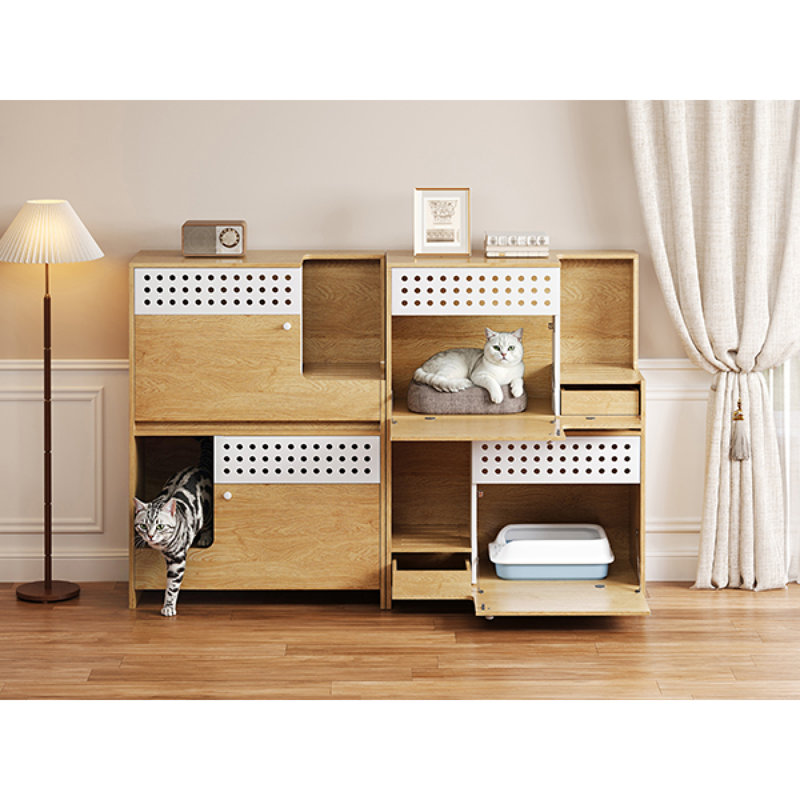 Ensemble 2 pièces de meubles pour chat 2 en 1 Roomfitter, table d'appoint pour chat avec litière pour chat, naturel, Beige