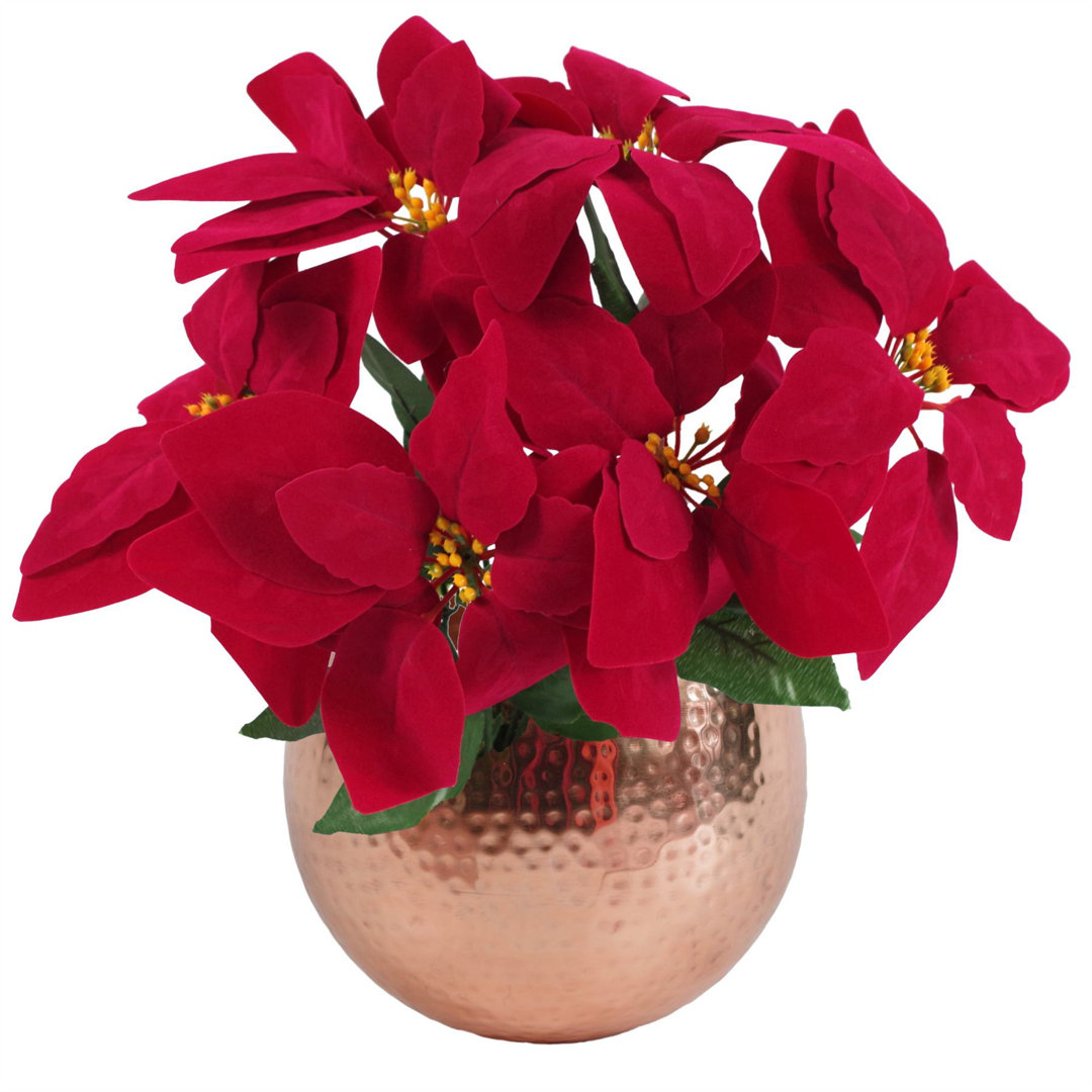 Poinsettia 40cm Artificial Christmas Xmas Red Hammered Metal Planter