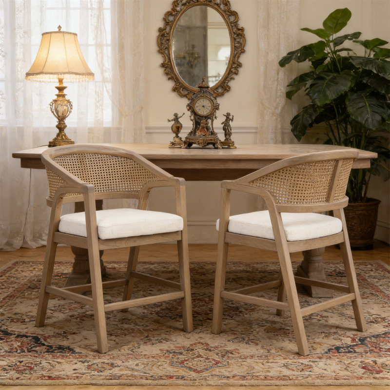 Wooden Frame Counter Stool With Rattan Back