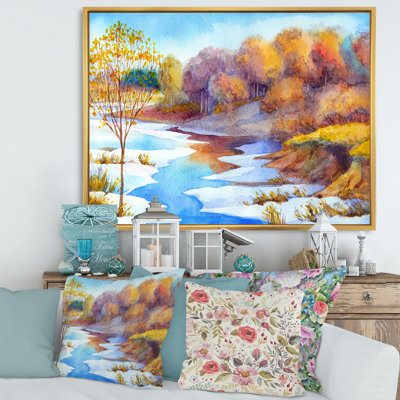 Stream in Winter Forest Valley - Peinture sur toile