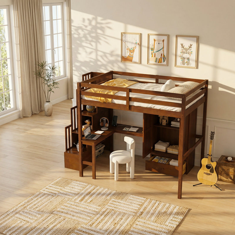 Lit mezzanine double en bois de pin avec bureau et garde-robe Inspirit l 94,4 po x P 57,4 po x H 72,0 po