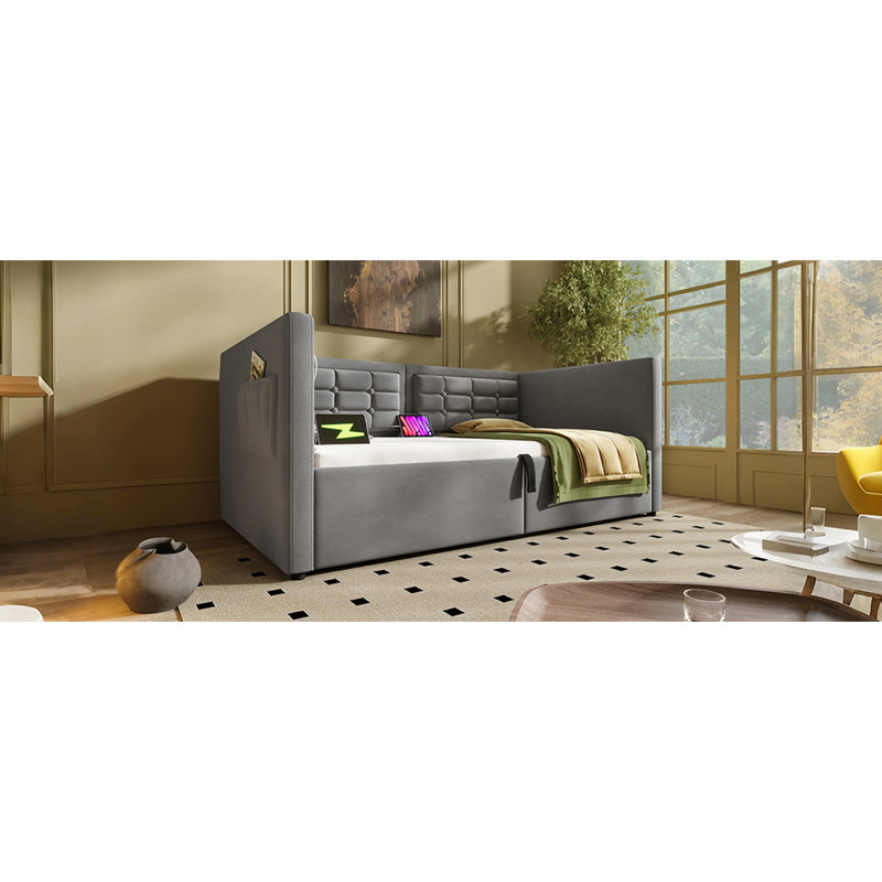 Structure de lit simple gris avec station de charge, rangement hydraulique, lattes en bois et rangement pour poche et type C, revêtement en velours, conception à boutons symétriques, fonction de sommeil silencieux