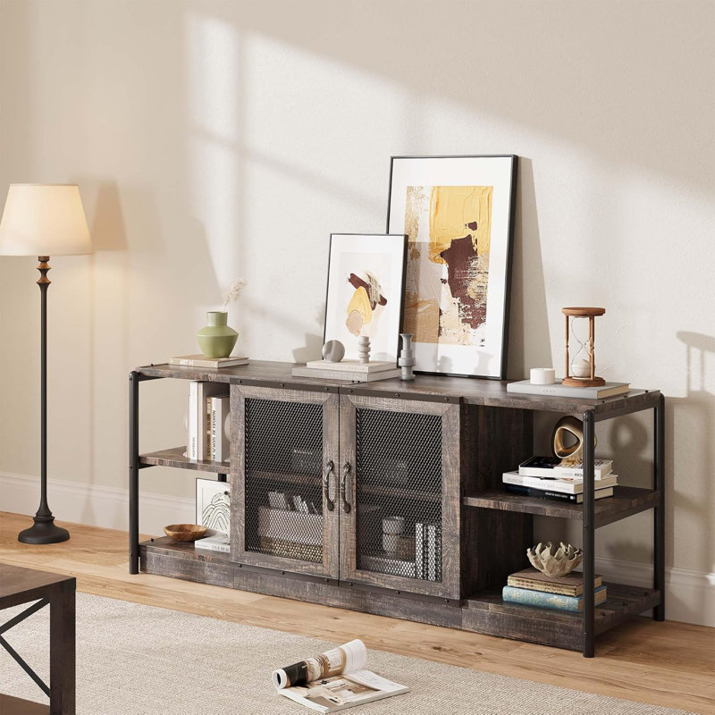 63" Farmhouse TV Stand for 65/75 Inch TVs, Industrial Entertainment Center with Mesh Doors & Storage, Dark Oak
