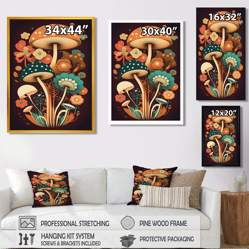 Champignon rétro brun Illustration - champignon, art mural, salon, Cadre flottant noir, bois massif, H 20 po x l 12 po
