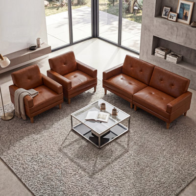 Analycia Three-piece Set Brown Tufted Leather Sofa Set (86.6"+35.2"*2)with Square Arms And Deep Seat, Mid Century Modern Upholstered Sectional Couch For Living Room Home Office
