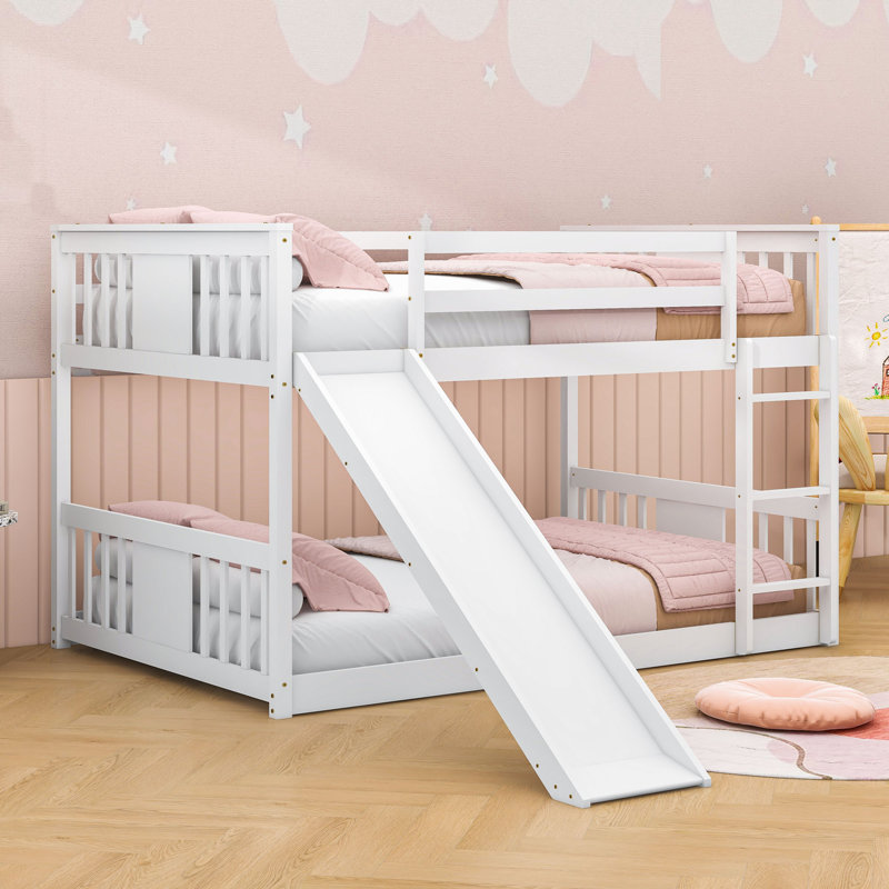 Fanshuai Full Over Full Wood Bunk Bed,Bunk Bed with Ladder and Slide, White