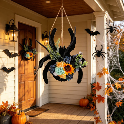 Front Door Spider Wreath for Halloween Party Indoor Outdoor Decorations Pendant Wall Window Farmhouse Decor