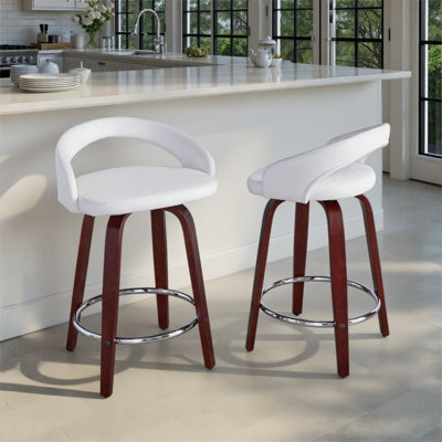 Tabouret de comptoir à hauteur fixe avec pivot en bois d'acajou, repose-pieds en métal chromé et velours blanc - ensemble de 2