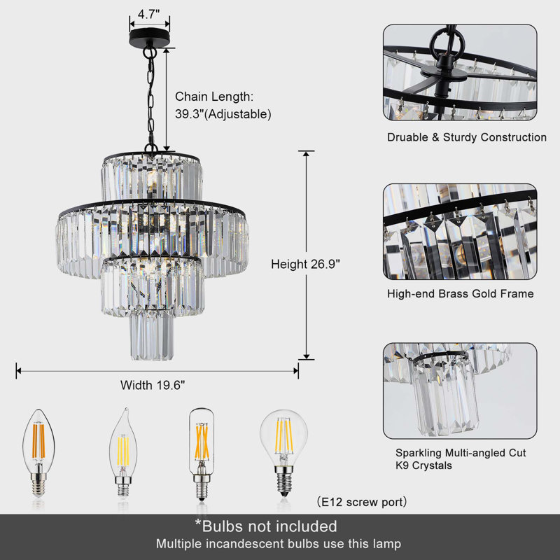 Crystal Chandelier, Black, 78.7" H x 19.6" W x 19.6" D