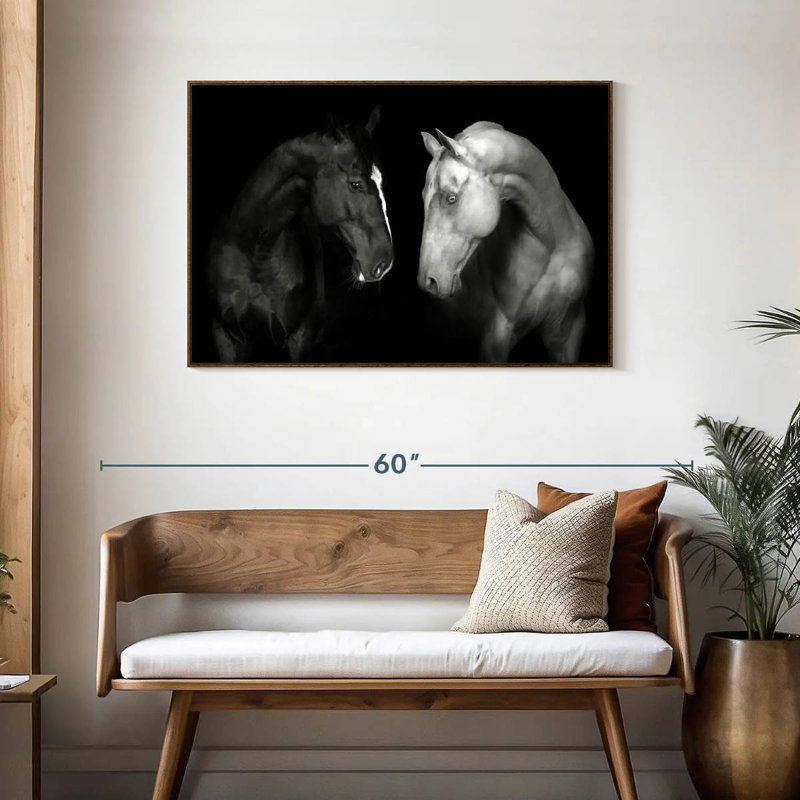 Chevaux monochromes, 43 po x 29 po, Cadre flottant noyer