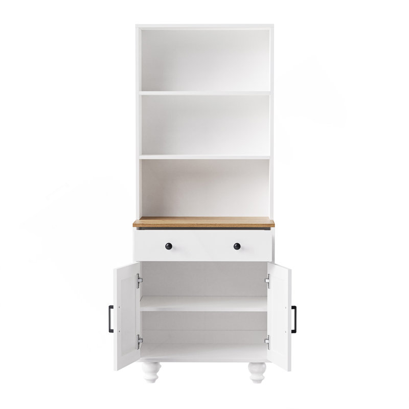 Farmhouse Storage Cabinet With 4 Solid Wood Gourd-Shaped Legs, Modern Kitchen Pantry Cabinet With Adjustable Shelves, 5 Tier Bookshelf With Drawer For Living Room, White