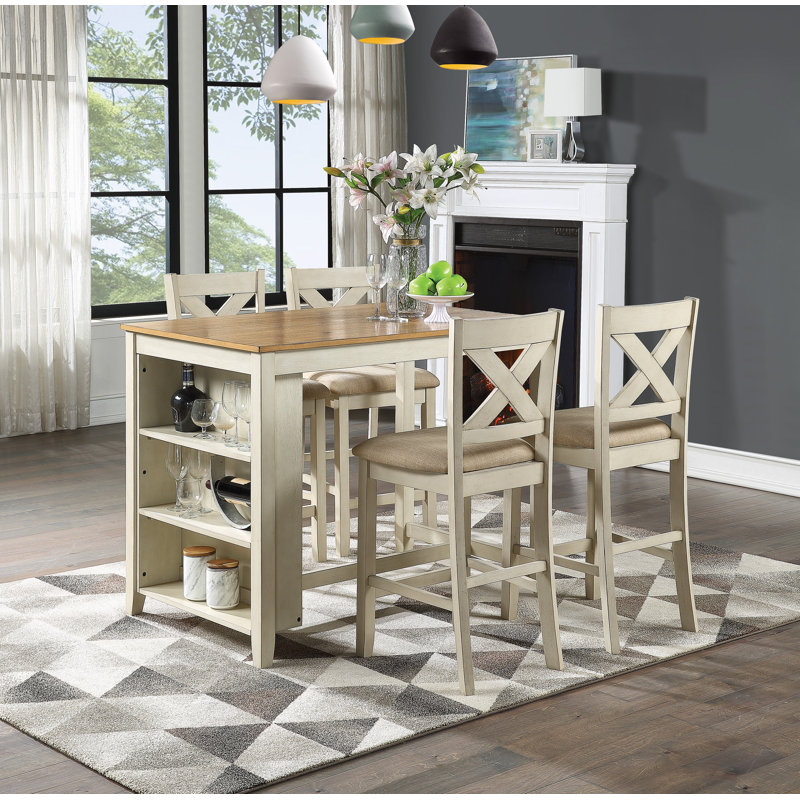 Ensemble de salle à manger à hauteur de comptoir 4 personnes Seery, Brun moyen, Blanc antique, Beige