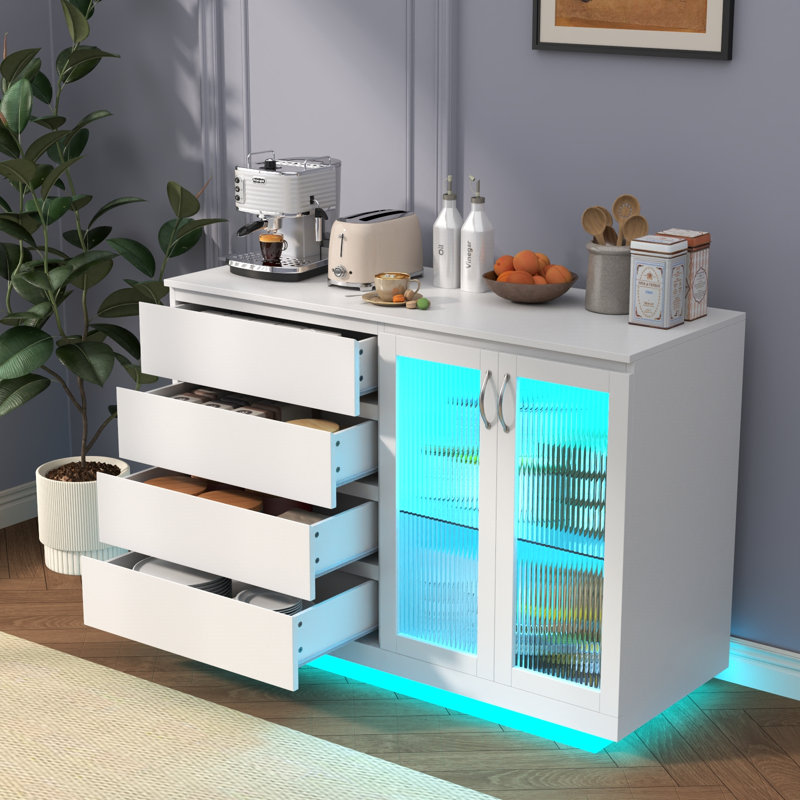 Buffet l 47,2 po avec 4 tiroirs, armoire, lumière DEL et tablettes réglables Rahjan