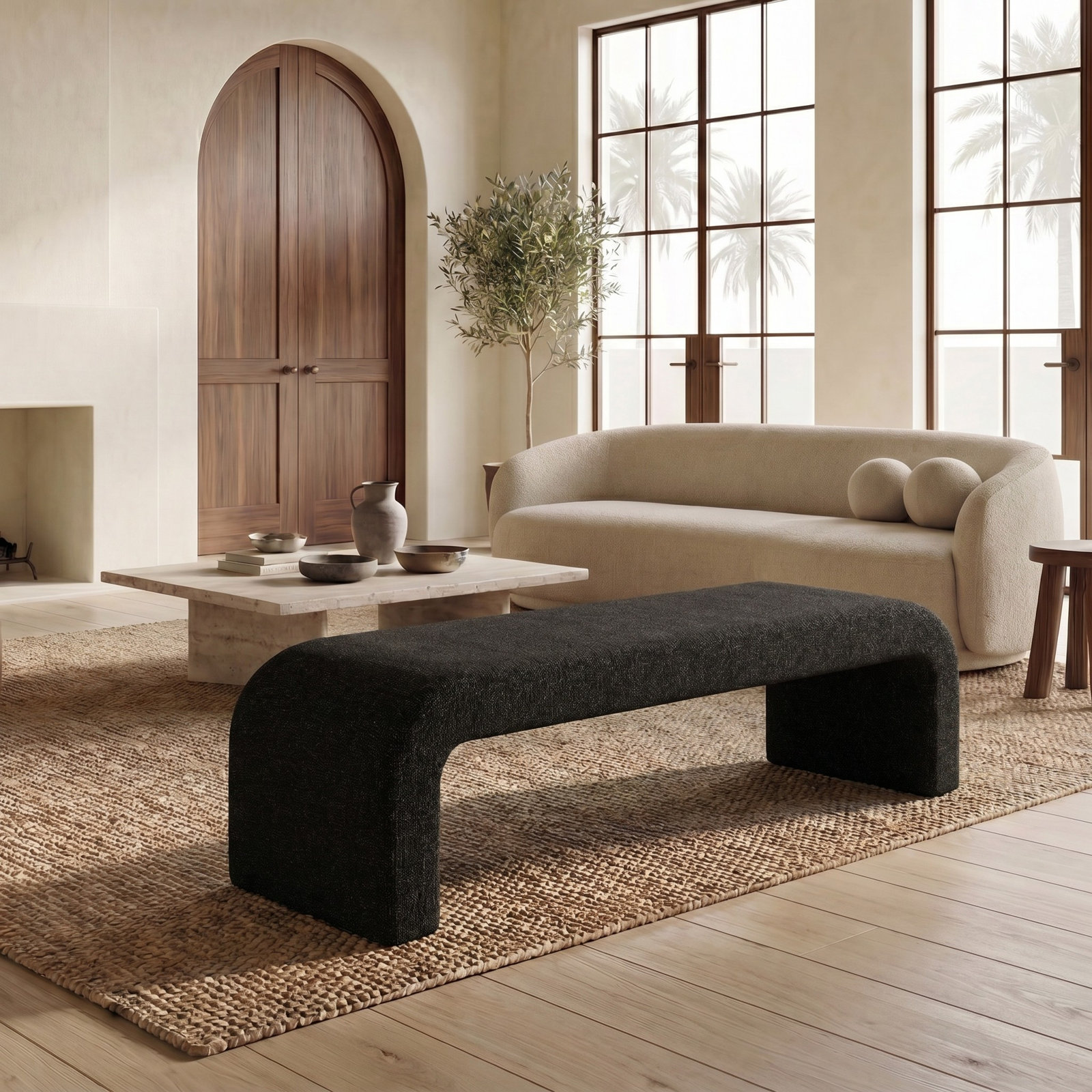 Daine 62" Linen Bedroom Bench, Black Linen