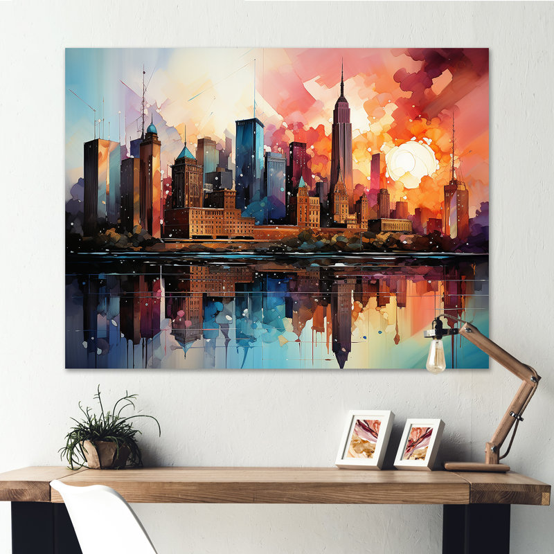 Skyscrapers Sunrise City, reproduction d'art sur toile, Toile tendue, H 34 po x l 44 po