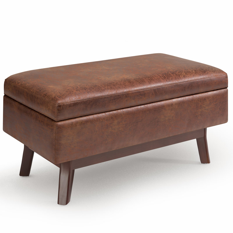 Owen 36"W Small Upholstered Storage Ottoman with Lift Top and Solid Wood Legs, Distressed Saddle Brown Faux Leather