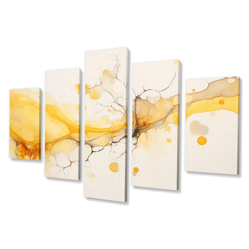 Undefined Continuation, liquide, vagues jaunes I - formes abstraites, reproduction d'art sur toile - 5 panneaux