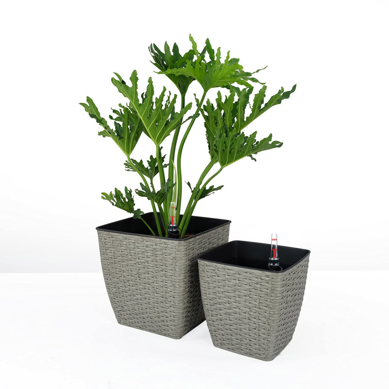 Paquet de 2 jardinières à arrosage automatique - Osier tissé à la main - Carré fin, Gris