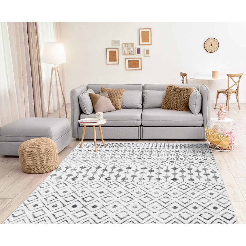 Geometric Silver/White Area Rug, Rectangle 4' x 5'