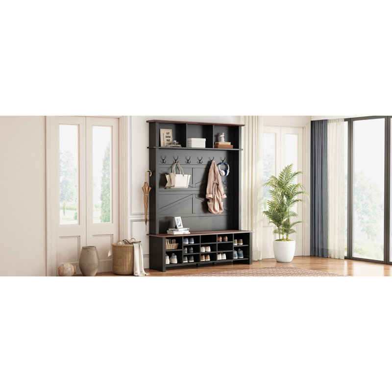 Farmhouse 4-in-1 Hall Tree with 6 Hooks, Walnut Entryway Bench with Shelves, Wooden Style Rustic Shoe Organizer with 16 Open Compartments for Mudroom, Living Room, Black (OLD SKU: N721P264915B)