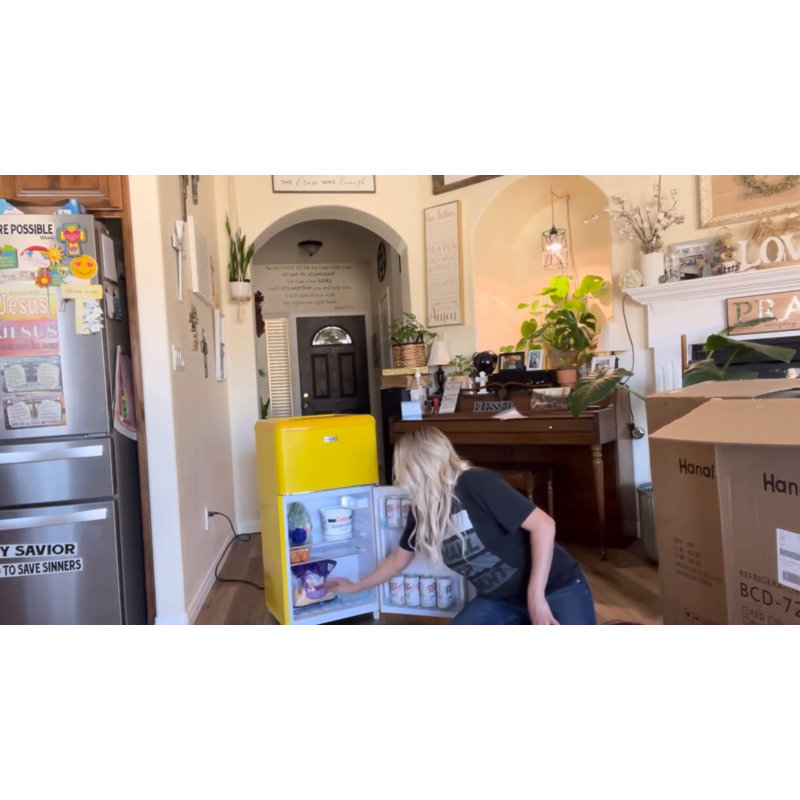 Compact Cream Freestanding Mini Fridge with Glass Shelves