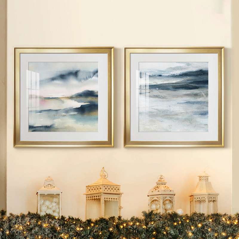 Sunwashed Horizon - Peinture encadrée sur papier, H 17,5 po x l 35 po, Impression encadrée avec passe-partout, Gold